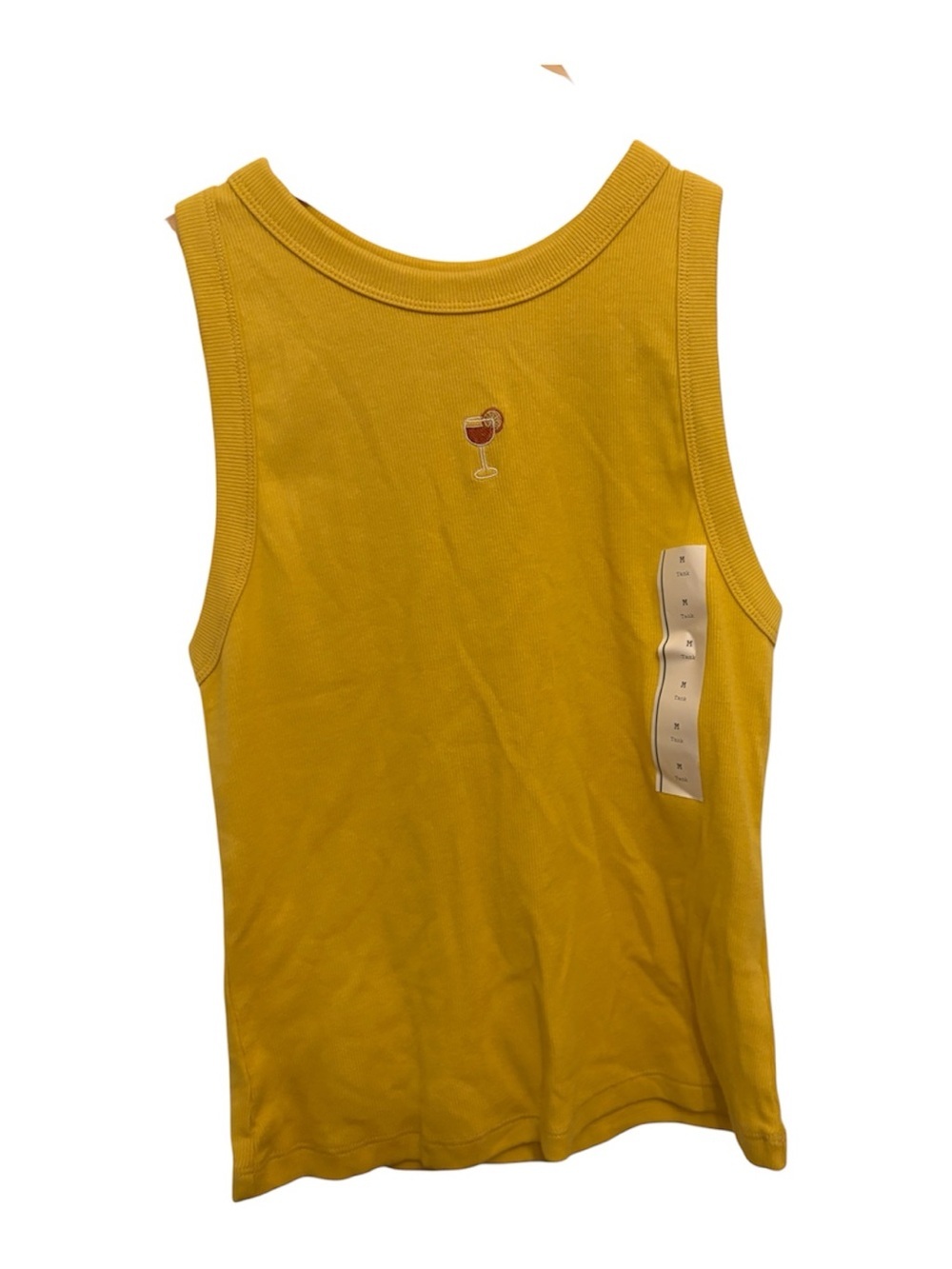 a new day Mustard Yellow Ribbed Tank with Wine Glass Embroidery